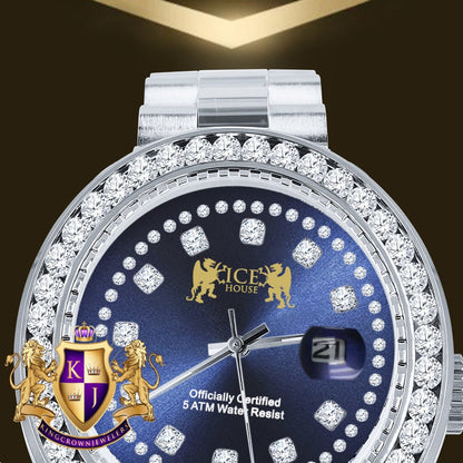 Sapphire Blue Dial Full Solid stainless Steel Solitaire 18K Yellow Gold Finish Simulated Diamond 41mm Mens Watch