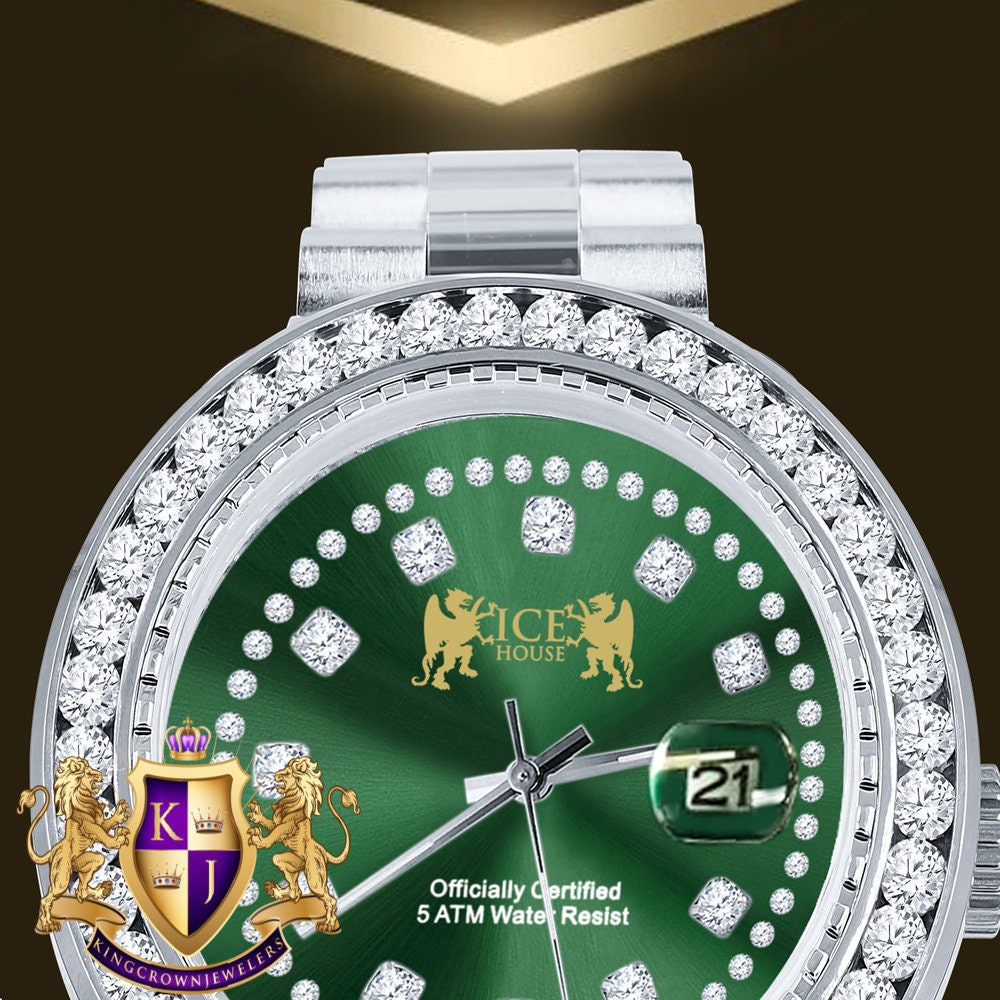 Emerald Green Dial Full Solid stainless Steel Solitaire 18K Yellow Gold Finish Simulated Diamond 41mm Mens Watch