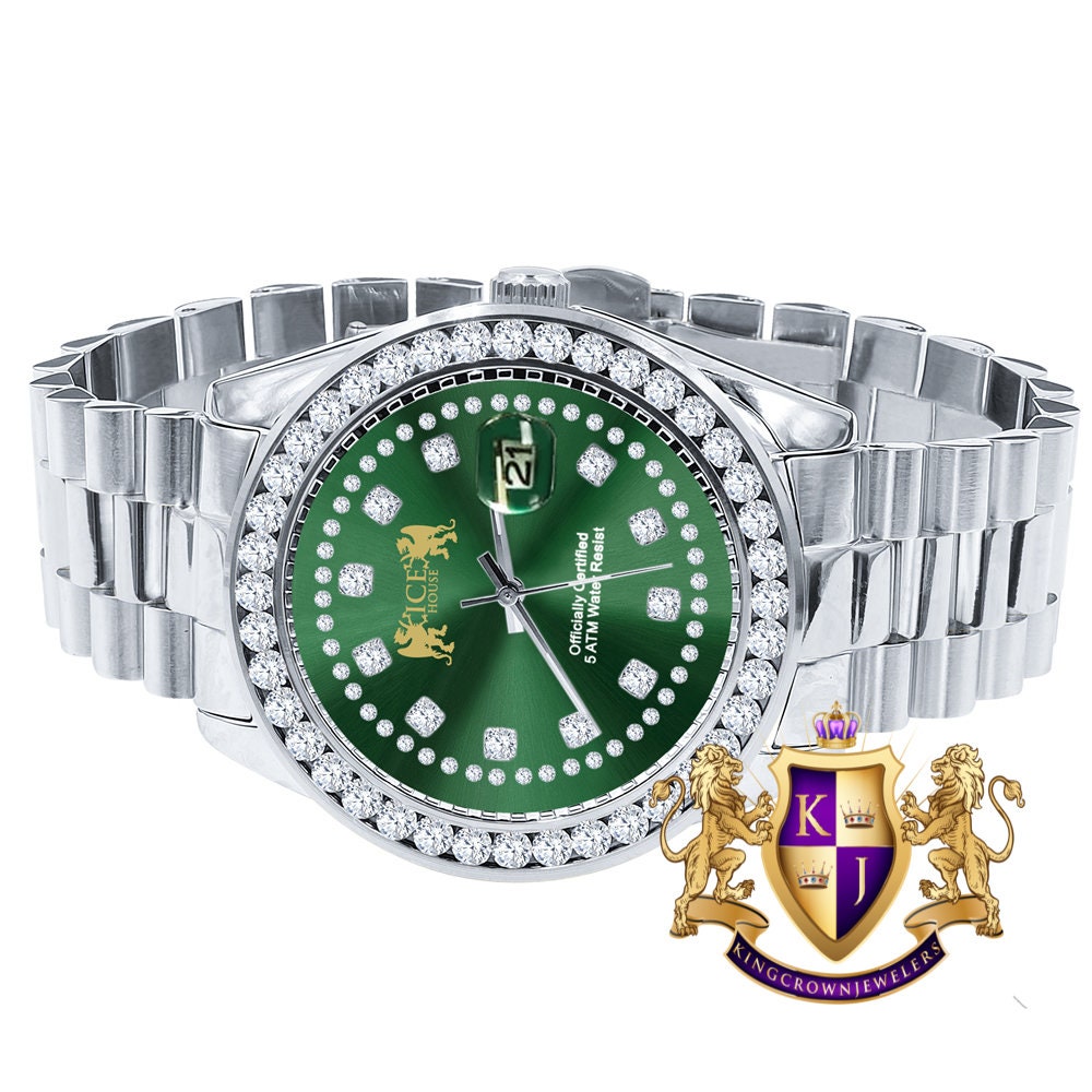 Emerald Green Dial Full Solid stainless Steel Solitaire 18K Yellow Gold Finish Simulated Diamond 41mm Mens Watch