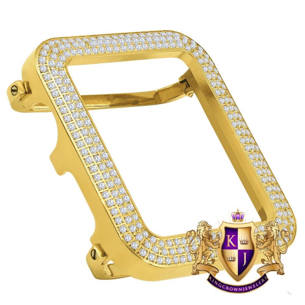 Solid Stainless Steel Apple Watch Bezel Fit Series # 4,5,6, 14K Gold Over CNC Set 4.00 Cwt. Simulated Diamond 44mm Custom Cover Insert Case