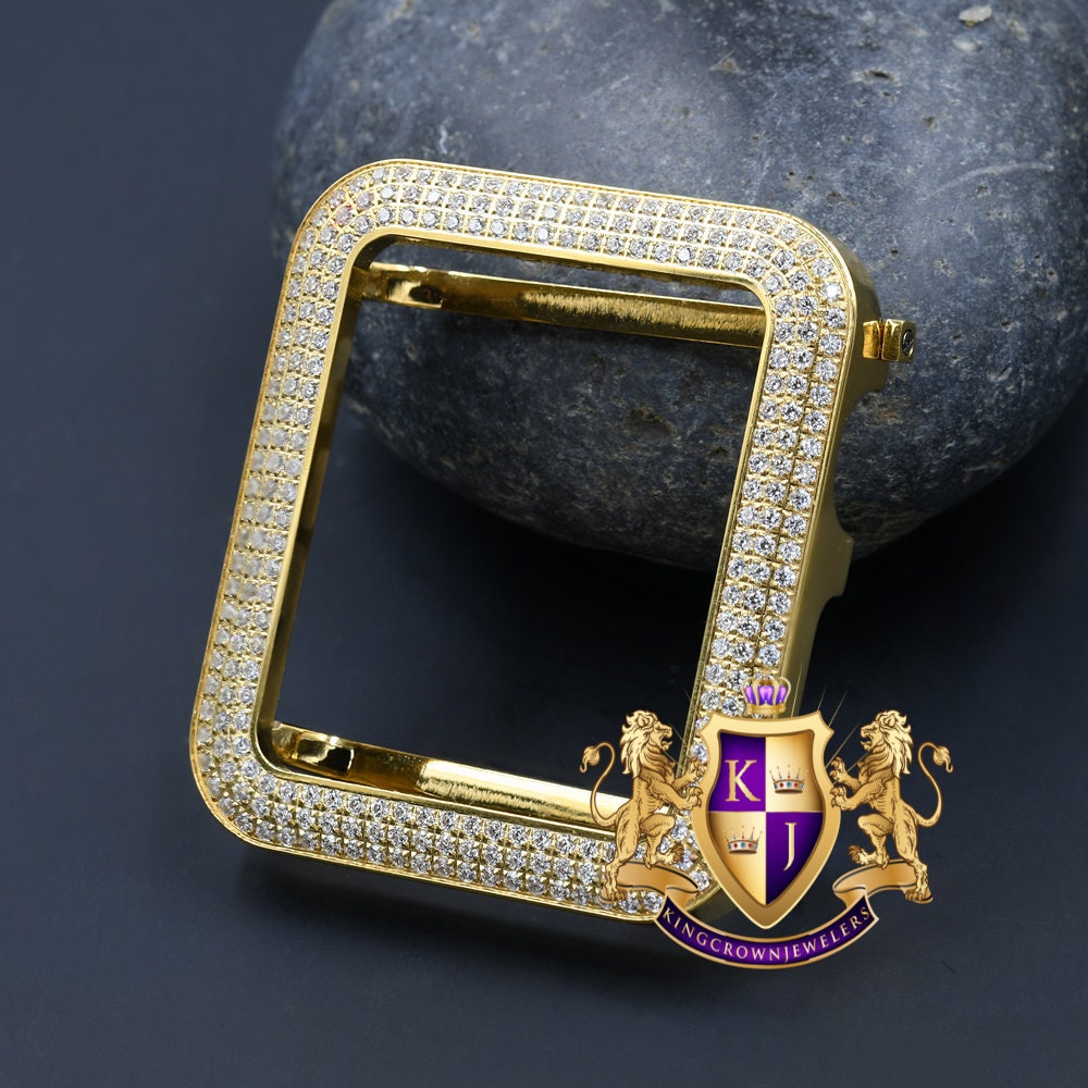 Solid Stainless Steel Apple Watch Bezel Fit Series # 4,5,6, 14K Gold Over CNC Set 4.00 Cwt. Simulated Diamond 44mm Custom Cover Insert Case