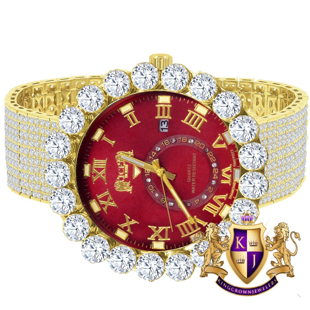 Real Diamond Dial Ruby Red Face Roman Numeral Face Yellow Gold Tone 10 Row Custom Band Bezel Watch XL 55mm