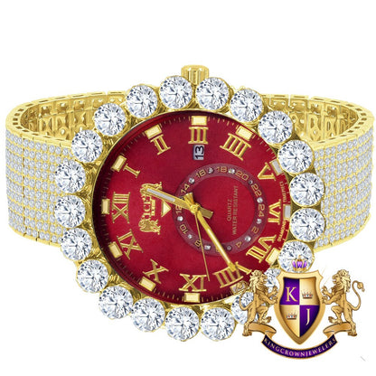 Real Diamond Dial Ruby Red Face Roman Numeral Face Yellow Gold Tone 10 Row Custom Band Bezel Watch XL 55mm