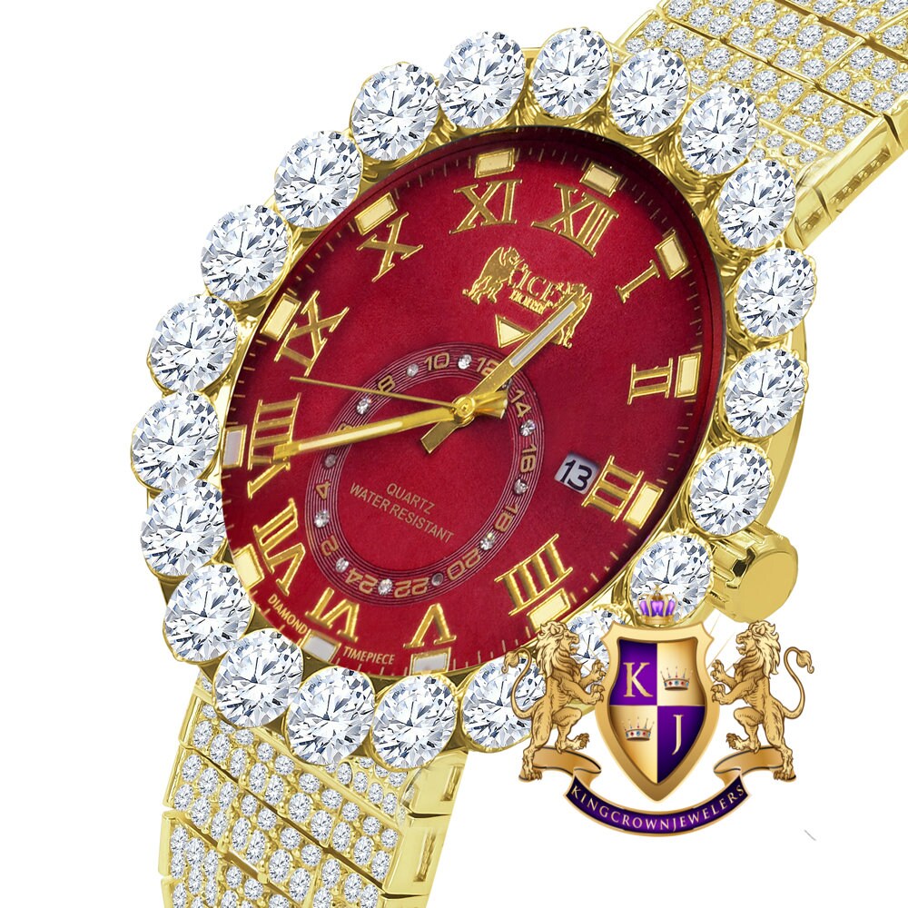Real Diamond Dial Ruby Red Face Roman Numeral Face Yellow Gold Tone 10 Row Custom Band Bezel Watch XL 55mm