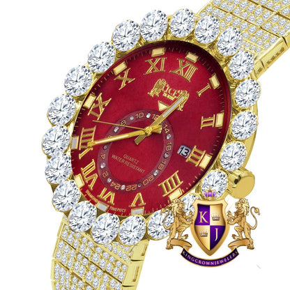 Real Diamond Dial Ruby Red Face Roman Numeral Face Yellow Gold Tone 10 Row Custom Band Bezel Watch XL 55mm