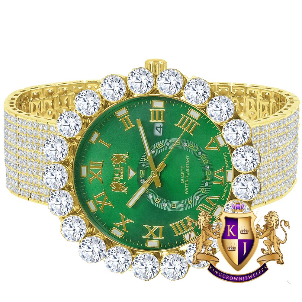 Real Diamond Dial Green Emerald Roman Numeral Face Yellow Gold Tone 10 Row Custom Band Bezel Watch XL 55mm