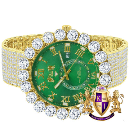 Real Diamond Dial Green Emerald Roman Numeral Face Yellow Gold Tone 10 Row Custom Band Bezel Watch XL 55mm