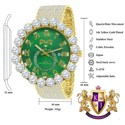 Real Diamond Dial Green Emerald Roman Numeral Face Yellow Gold Tone 10 Row Custom Band Bezel Watch XL 55mm