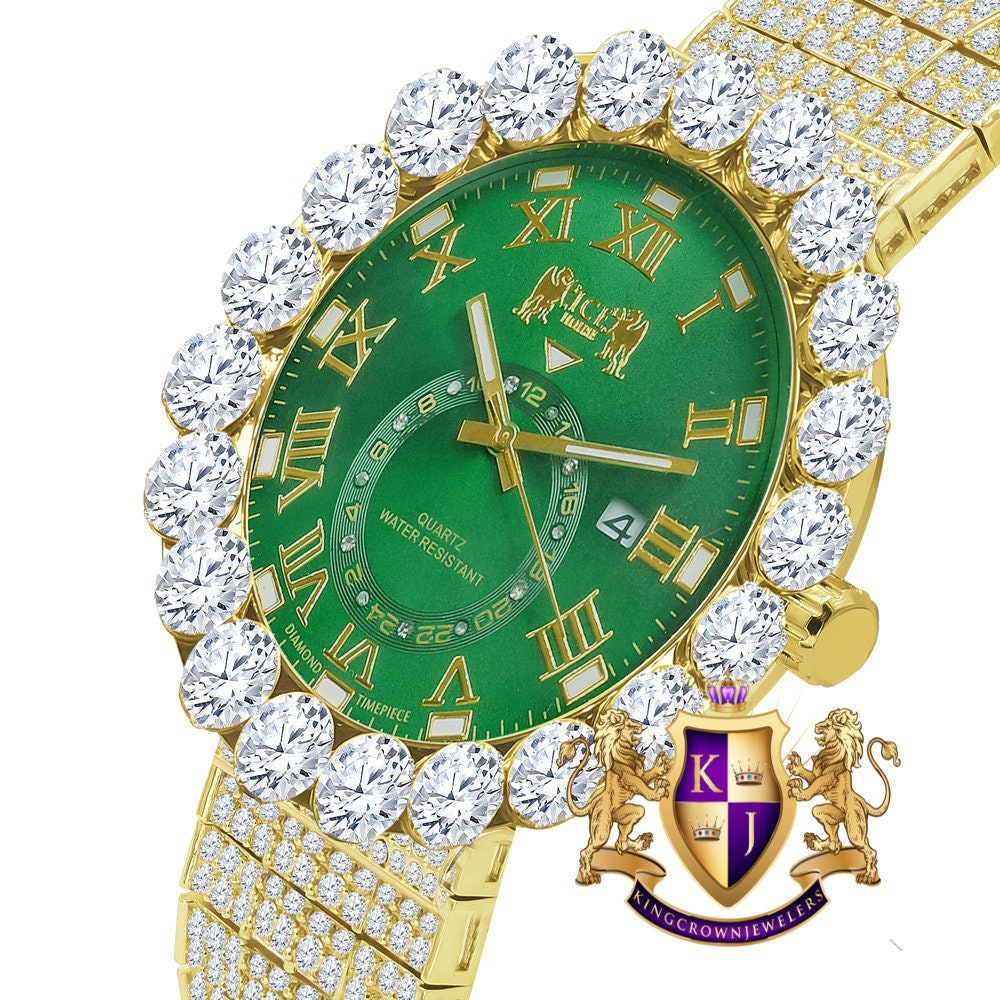 Real Diamond Dial Green Emerald Roman Numeral Face Yellow Gold Tone 10 Row Custom Band Bezel Watch XL 55mm