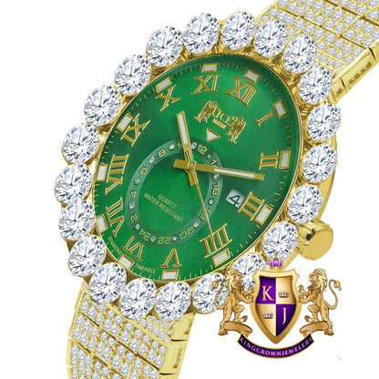 Real Diamond Dial Green Emerald Roman Numeral Face Yellow Gold Tone 10 Row Custom Band Bezel Watch XL 55mm