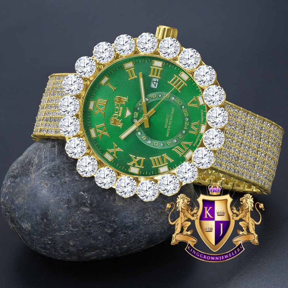 Real Diamond Dial Green Emerald Roman Numeral Face Yellow Gold Tone 10 Row Custom Band Bezel Watch XL 55mm