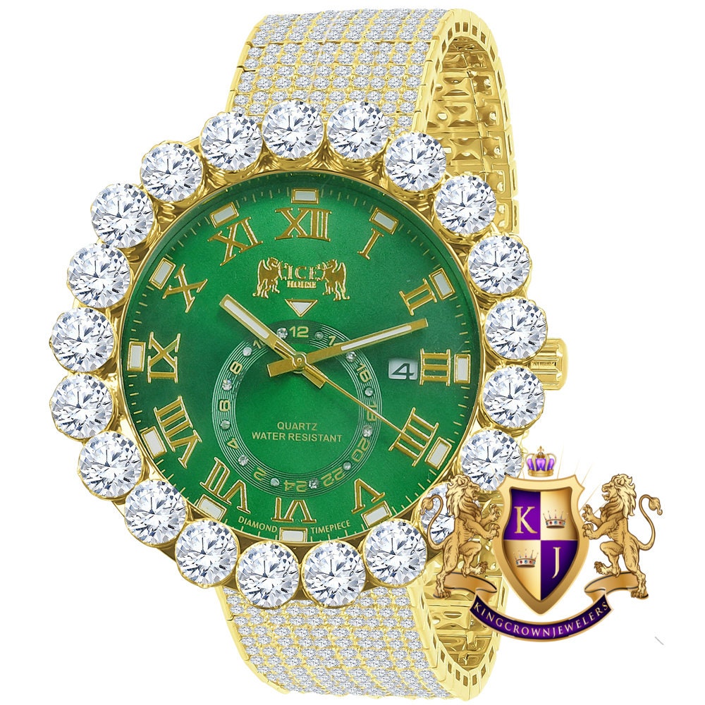 Real Diamond Dial Green Emerald Roman Numeral Face Yellow Gold Tone 10 Row Custom Band Bezel Watch XL 55mm