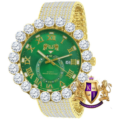 Real Diamond Dial Green Emerald Roman Numeral Face Yellow Gold Tone 10 Row Custom Band Bezel Watch XL 55mm