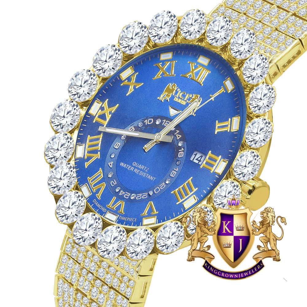 Real Diamond Dial Blue Sapphire Roman Numeral Face Yellow Gold Tone 10 Row Custom Band Bezel Watch XL 55mm