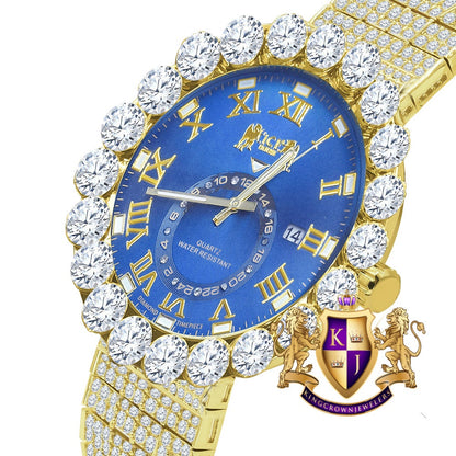 Real Diamond Dial Blue Sapphire Roman Numeral Face Yellow Gold Tone 10 Row Custom Band Bezel Watch XL 55mm
