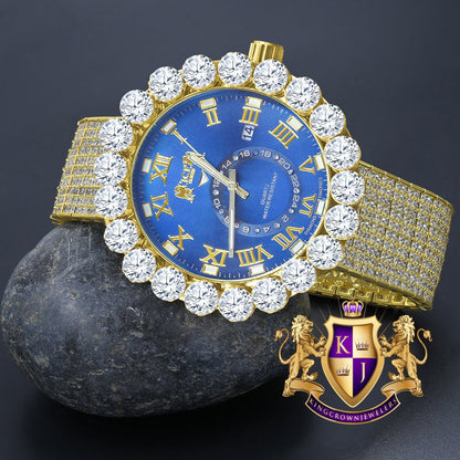 Real Diamond Dial Blue Sapphire Roman Numeral Face Yellow Gold Tone 10 Row Custom Band Bezel Watch XL 55mm