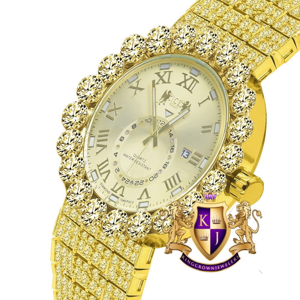 Canary Real Genuine Diamond Dial Roman Numeral Face Gold Tone 10 Row Custom Band Bezel Watch XL 55mm