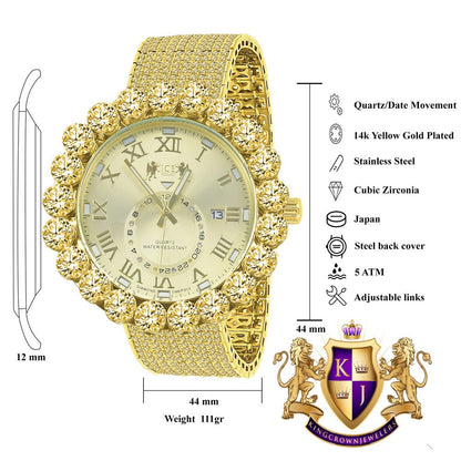 Canary Real Genuine Diamond Dial Roman Numeral Face Gold Tone 10 Row Custom Band Bezel Watch XL 55mm