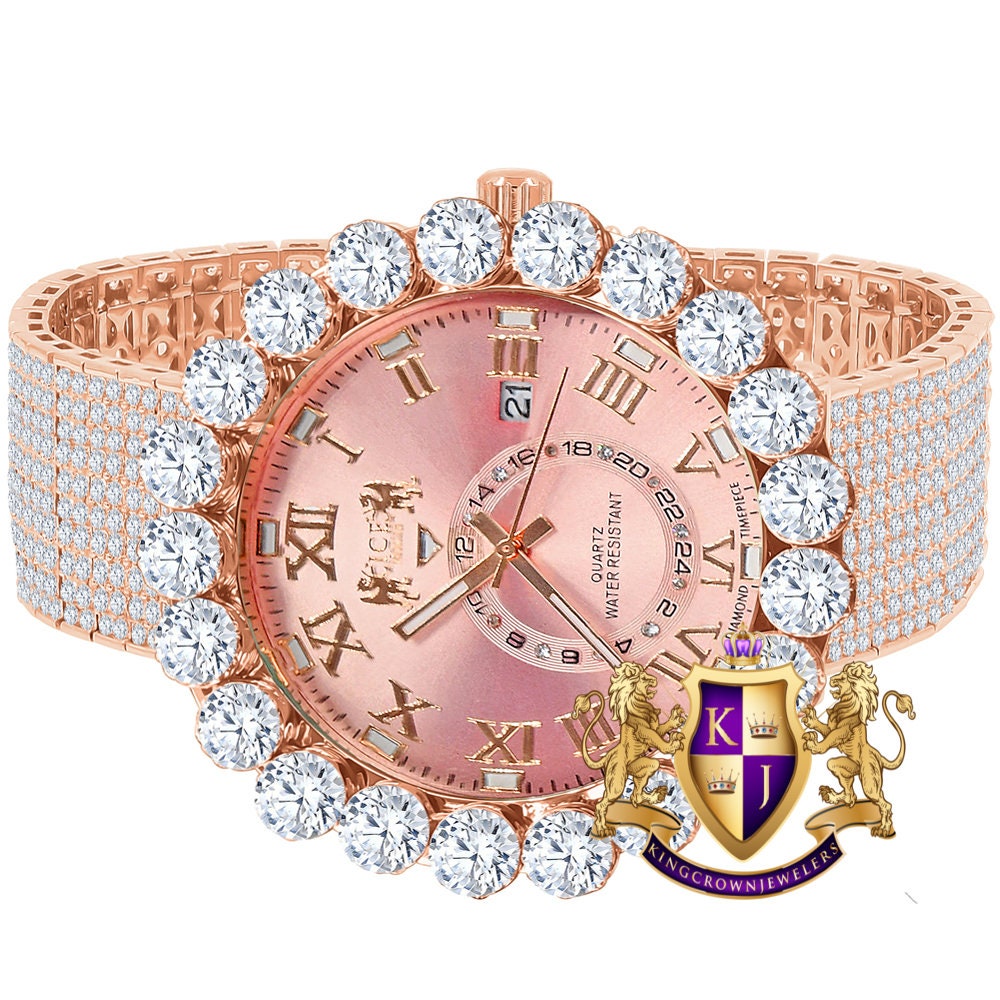 Rose Gold Tone Real Diamond Dial Roman Numeral Pink Face 10 Row Custom Band Bezel Watch XL 55mm