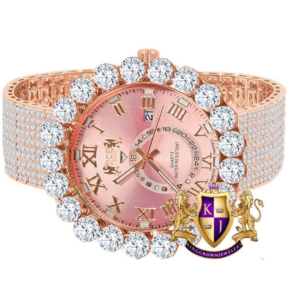 Rose Gold Tone Real Diamond Dial Roman Numeral Pink Face 10 Row Custom Band Bezel Watch XL 55mm