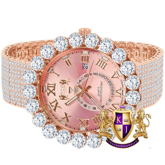 Rose Gold Tone Real Diamond Dial Roman Numeral Pink Face 10 Row Custom Band Bezel Watch XL 55mm