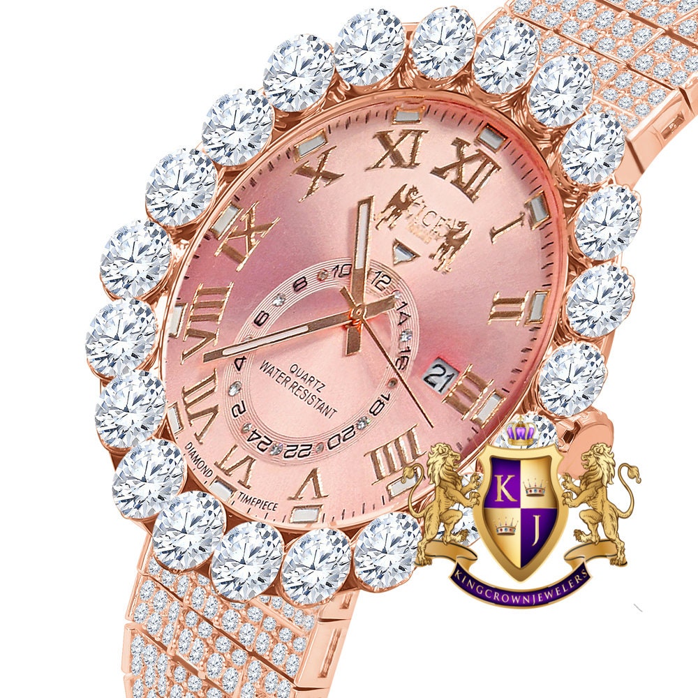 Rose Gold Tone Real Diamond Dial Roman Numeral Pink Face 10 Row Custom Band Bezel Watch XL 55mm