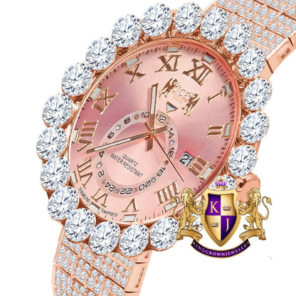 Rose Gold Tone Real Diamond Dial Roman Numeral Pink Face 10 Row Custom Band Bezel Watch XL 55mm