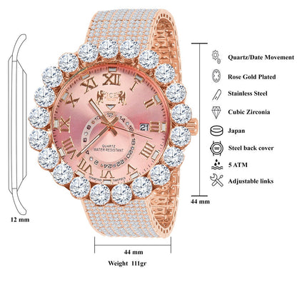Rose Gold Tone Real Diamond Dial Roman Numeral Pink Face 10 Row Custom Band Bezel Watch XL 55mm