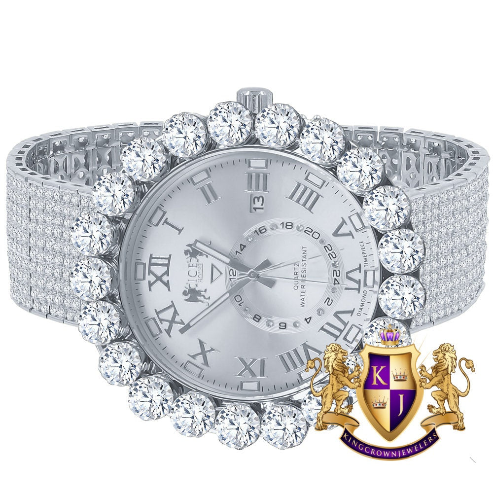 Real Genuine Diamond Dial Roman Numeral Face White Gold Tone 10 Row Custom Band Bezel Watch XL 55mm
