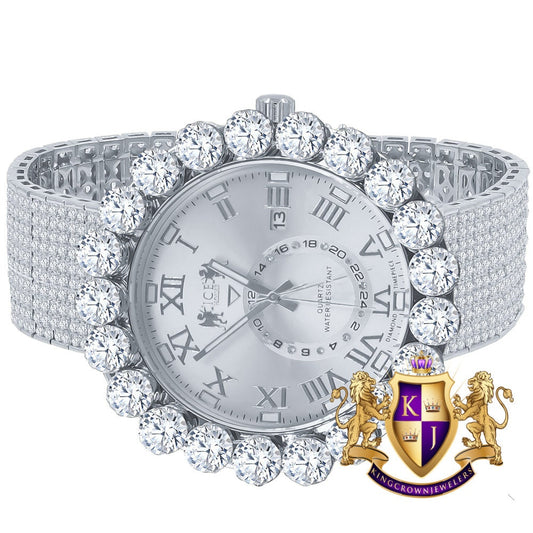 Real Genuine Diamond Dial Roman Numeral Face White Gold Tone 10 Row Custom Band Bezel Watch XL 55mm