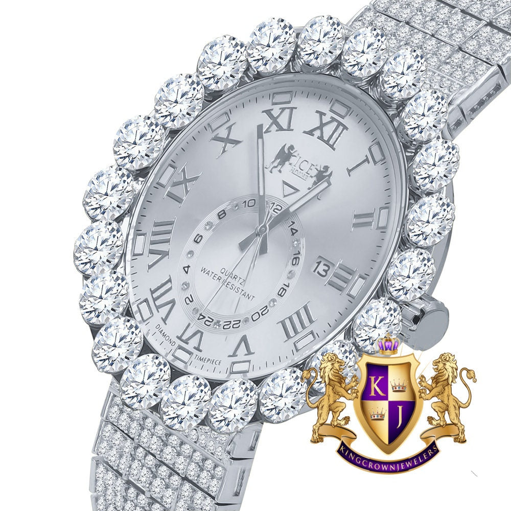 Real Genuine Diamond Dial Roman Numeral Face White Gold Tone 10 Row Custom Band Bezel Watch XL 55mm