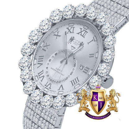 Real Genuine Diamond Dial Roman Numeral Face White Gold Tone 10 Row Custom Band Bezel Watch XL 55mm
