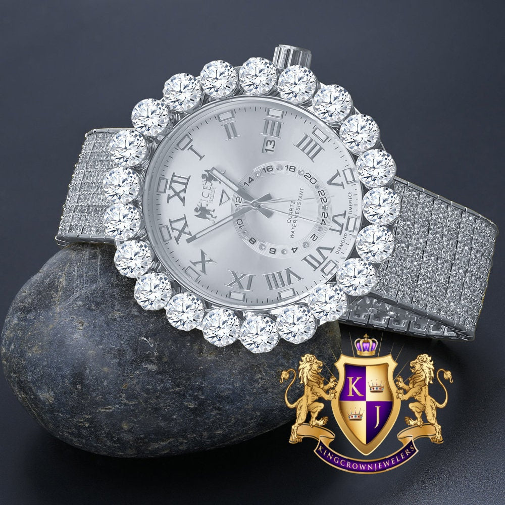 Real Genuine Diamond Dial Roman Numeral Face White Gold Tone 10 Row Custom Band Bezel Watch XL 55mm