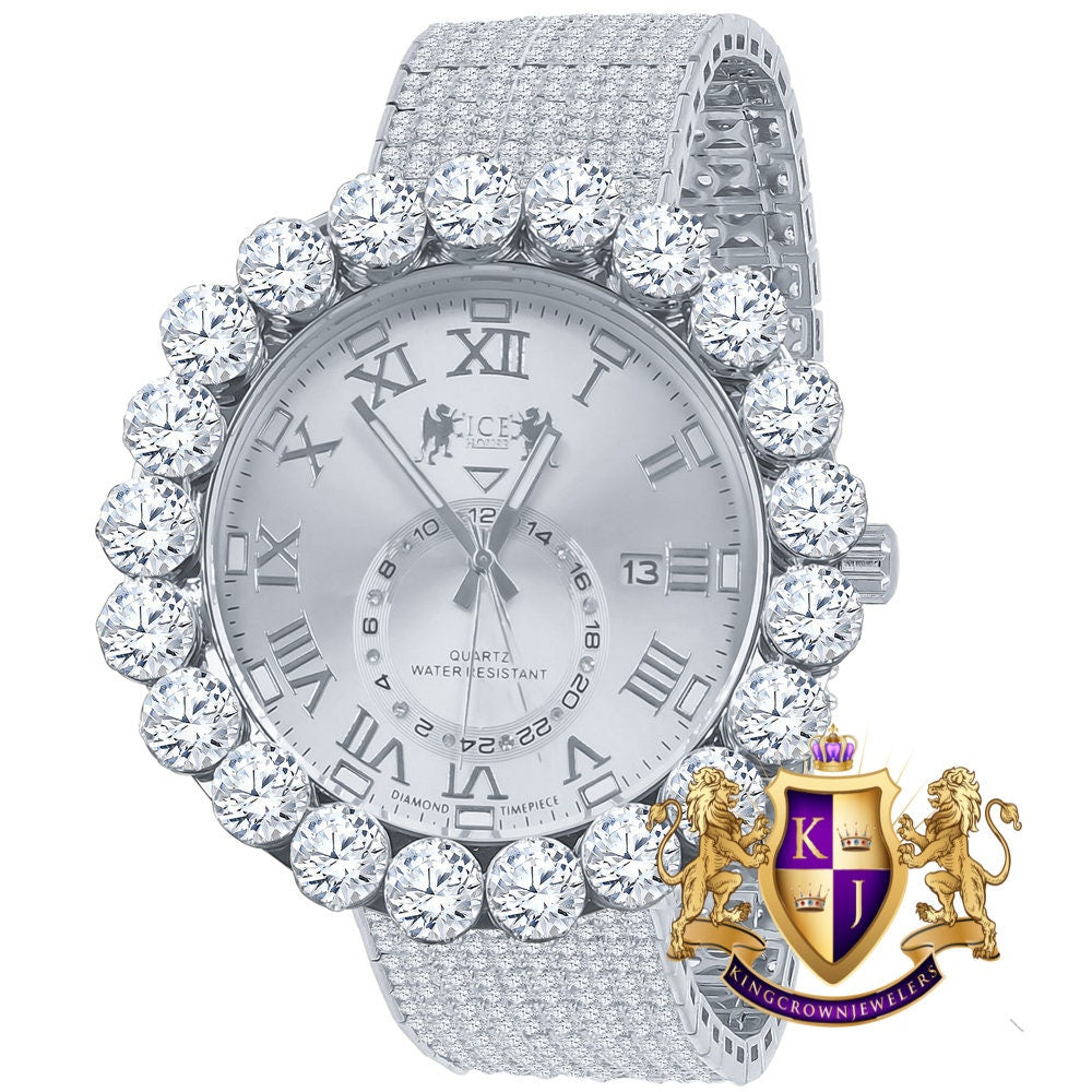 Real Genuine Diamond Dial Roman Numeral Face White Gold Tone 10 Row Custom Band Bezel Watch XL 55mm