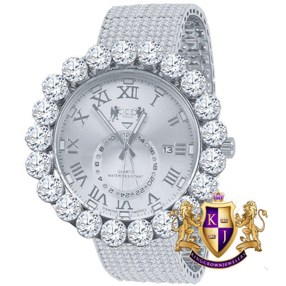 Real Genuine Diamond Dial Roman Numeral Face White Gold Tone 10 Row Custom Band Bezel Watch XL 55mm