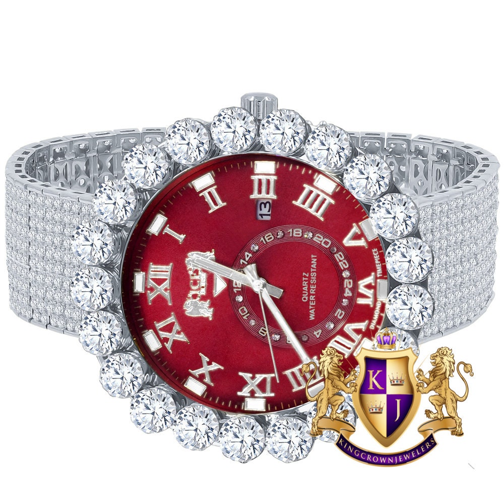 Real Diamond Dial Ruby Red Face Roman Numeral Face White Gold Tone 10 Row Custom Band Bezel Watch XL 55mm