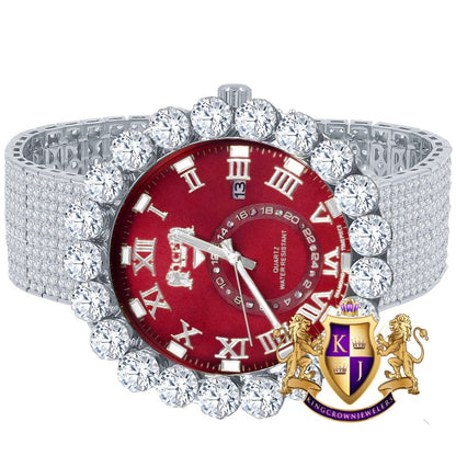 Real Diamond Dial Ruby Red Face Roman Numeral Face White Gold Tone 10 Row Custom Band Bezel Watch XL 55mm
