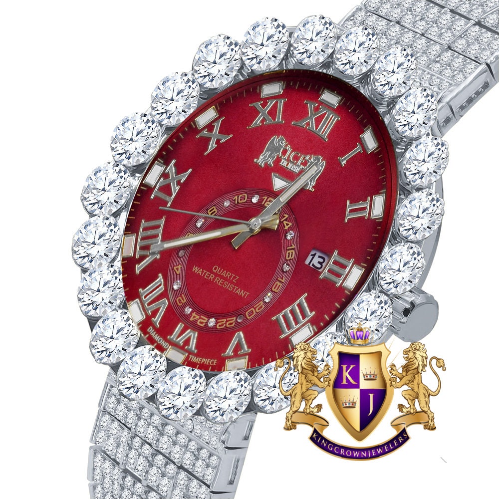 Real Diamond Dial Ruby Red Face Roman Numeral Face White Gold Tone 10 Row Custom Band Bezel Watch XL 55mm