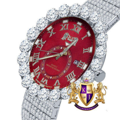 Real Diamond Dial Ruby Red Face Roman Numeral Face White Gold Tone 10 Row Custom Band Bezel Watch XL 55mm