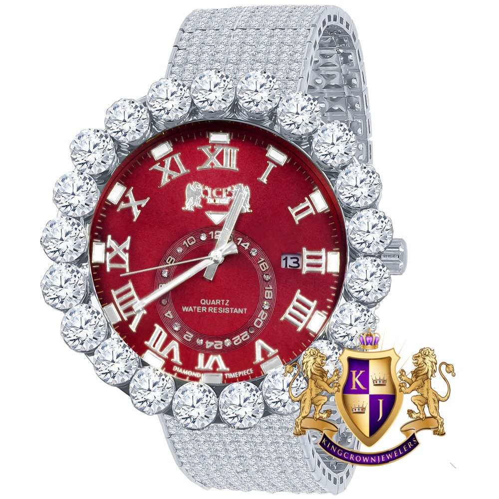 Real Diamond Dial Ruby Red Face Roman Numeral Face White Gold Tone 10 Row Custom Band Bezel Watch XL 55mm