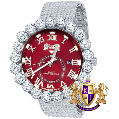 Real Diamond Dial Ruby Red Face Roman Numeral Face White Gold Tone 10 Row Custom Band Bezel Watch XL 55mm