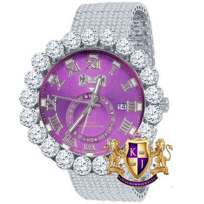 Real Diamond Dial Ruby Purple Face Roman Numeral Face White Gold Tone 10 Row Custom Band Bezel Watch XL 55mm