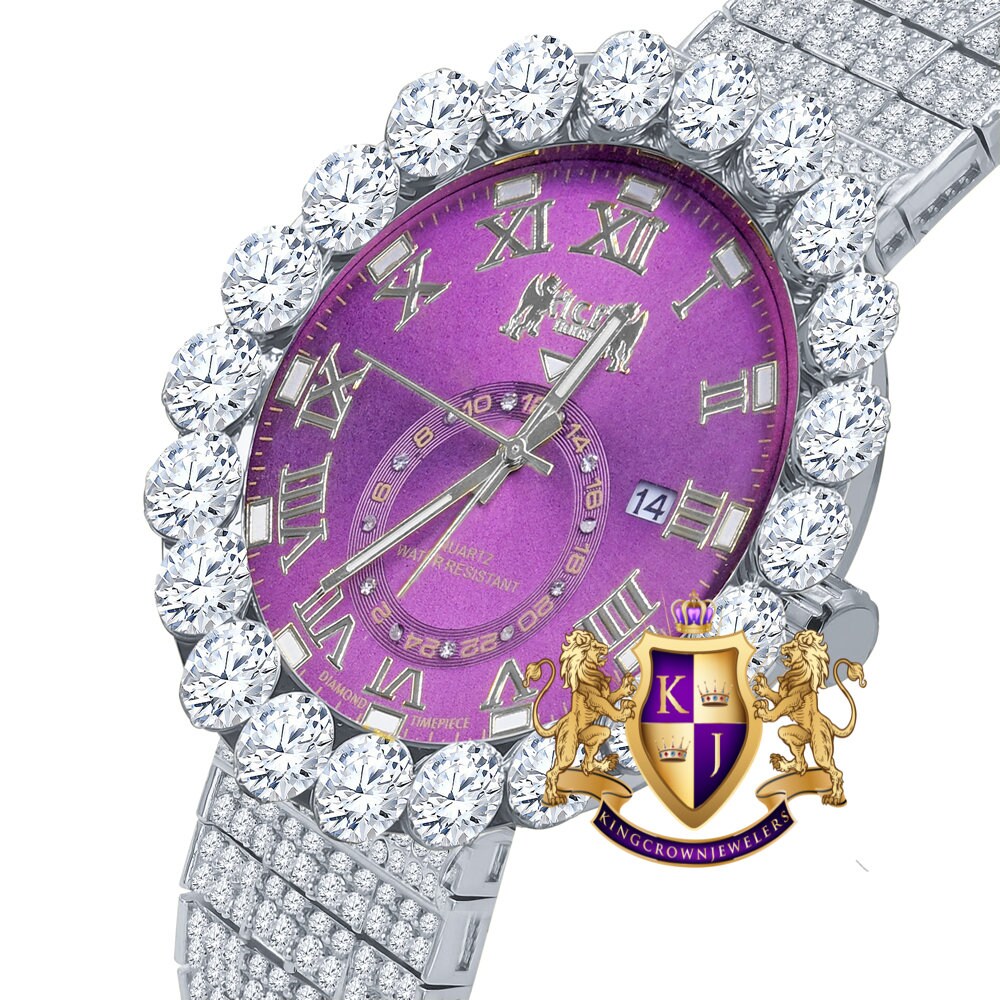 Real Diamond Dial Ruby Purple Face Roman Numeral Face White Gold Tone 10 Row Custom Band Bezel Watch XL 55mm