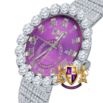 Real Diamond Dial Ruby Purple Face Roman Numeral Face White Gold Tone 10 Row Custom Band Bezel Watch XL 55mm