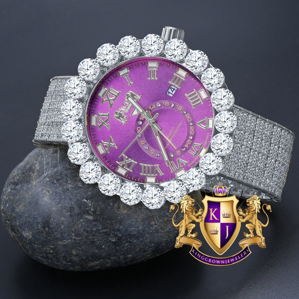 Real Diamond Dial Ruby Purple Face Roman Numeral Face White Gold Tone 10 Row Custom Band Bezel Watch XL 55mm