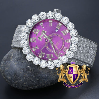Real Diamond Dial Ruby Purple Face Roman Numeral Face White Gold Tone 10 Row Custom Band Bezel Watch XL 55mm