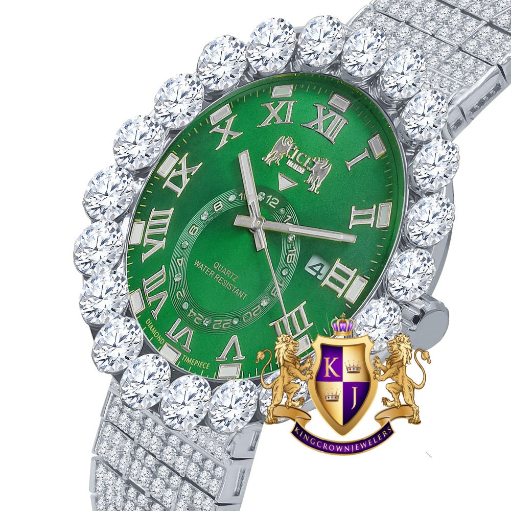 Real Diamond Dial Green Face Roman Numeral Face White Gold Tone 10 Row Custom Band Bezel Watch XL 55mm