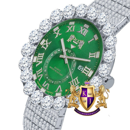 Real Diamond Dial Green Face Roman Numeral Face White Gold Tone 10 Row Custom Band Bezel Watch XL 55mm