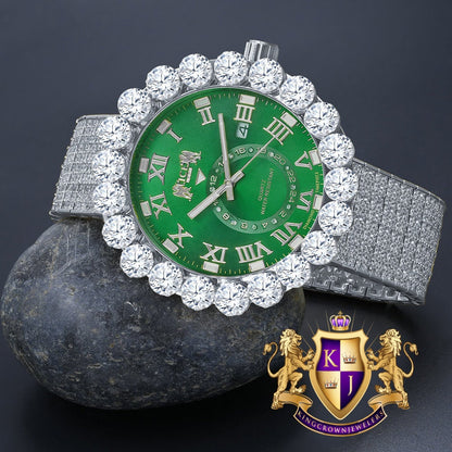 Real Diamond Dial Green Face Roman Numeral Face White Gold Tone 10 Row Custom Band Bezel Watch XL 55mm