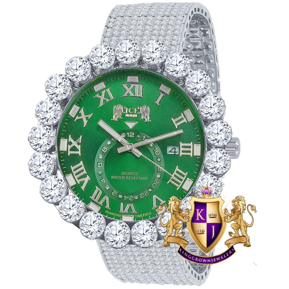 Real Diamond Dial Green Face Roman Numeral Face White Gold Tone 10 Row Custom Band Bezel Watch XL 55mm